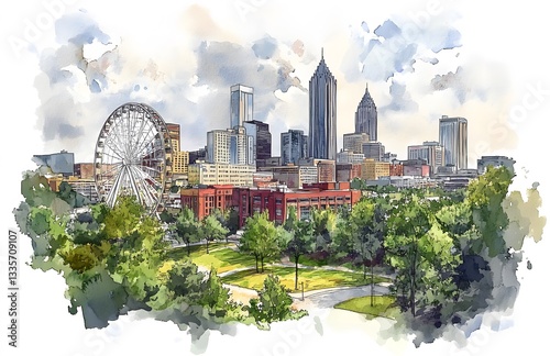 Atlanta Skyline Ferris Wheel Park Greenery Cityscape