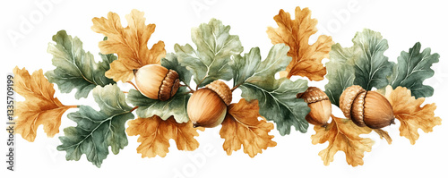 Autumn oak branch acorns border design