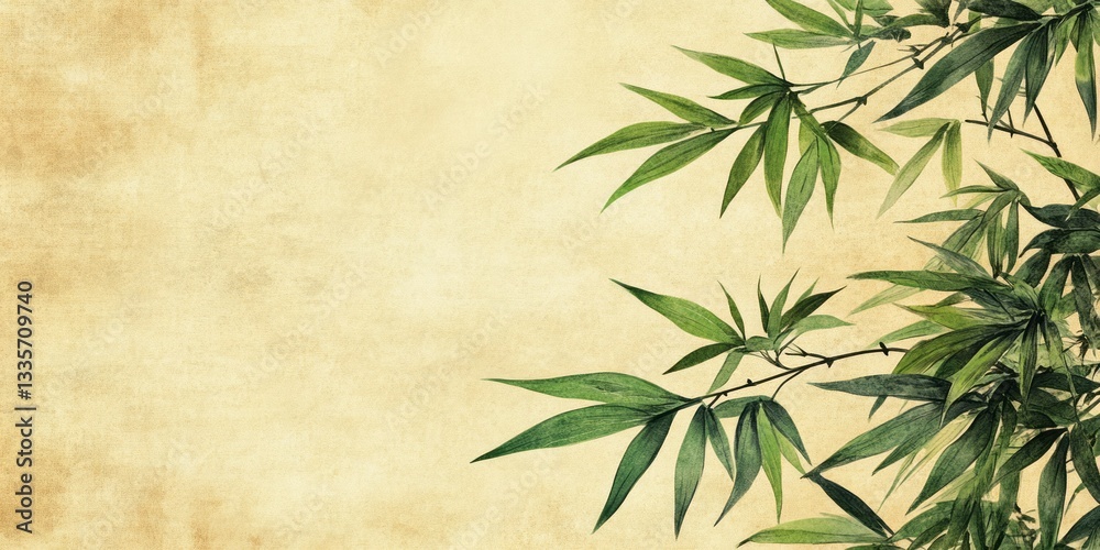 Elegant bamboo leaves and branches gracefully adorn a textured background Elegant bamboo leaves and branches gracefully adorn a textured background