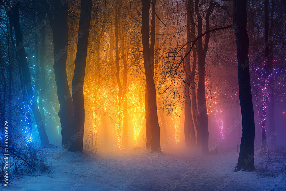 Naklejka premium Magical Forest with Glowing Trees in Winter Fog