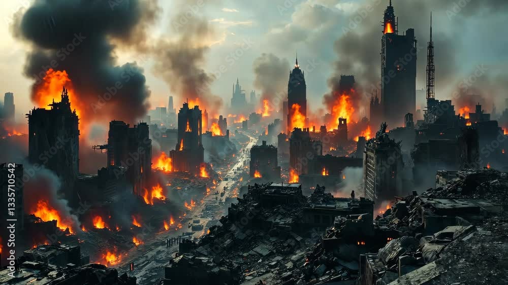 Inferno of Destruction: A post-apocalyptic cityscape engulfed in flames and smoke, showcasing the devastation of war, fire, and urban decay. Inferno of Destruction: A post-apocalyptic cityscape engulfed in flames and smoke, showcasing the devastation of war, fire, and urban decay.