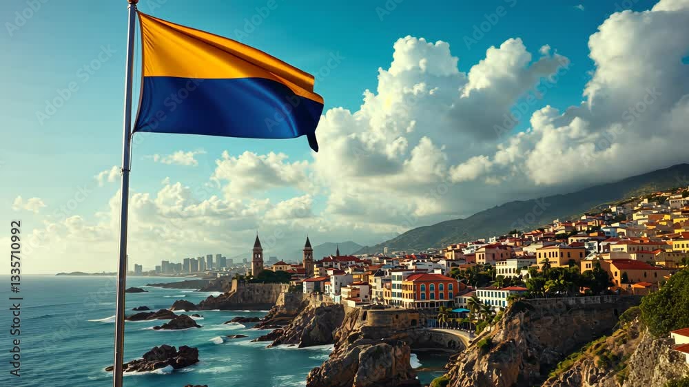 Coastal Town Under Flag: A vibrant coastal town nestled on a dramatic cliffside, overlooked by a flag waving in the wind, against a backdrop of azure sea and dramatic clouds.