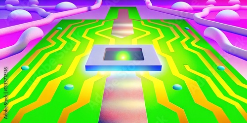 A 3D digital circuit board with glowing blue and green pathways
