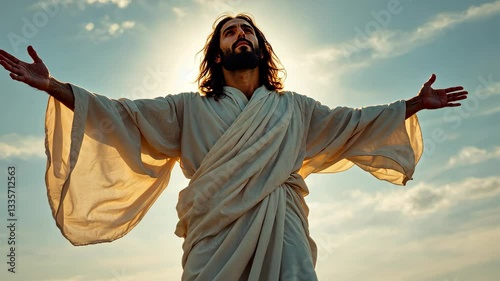 Divine Embrace: A serene image of a man with outstretched arms, radiating a sense of peace and spiritual connection against a backdrop of a radiant sky.