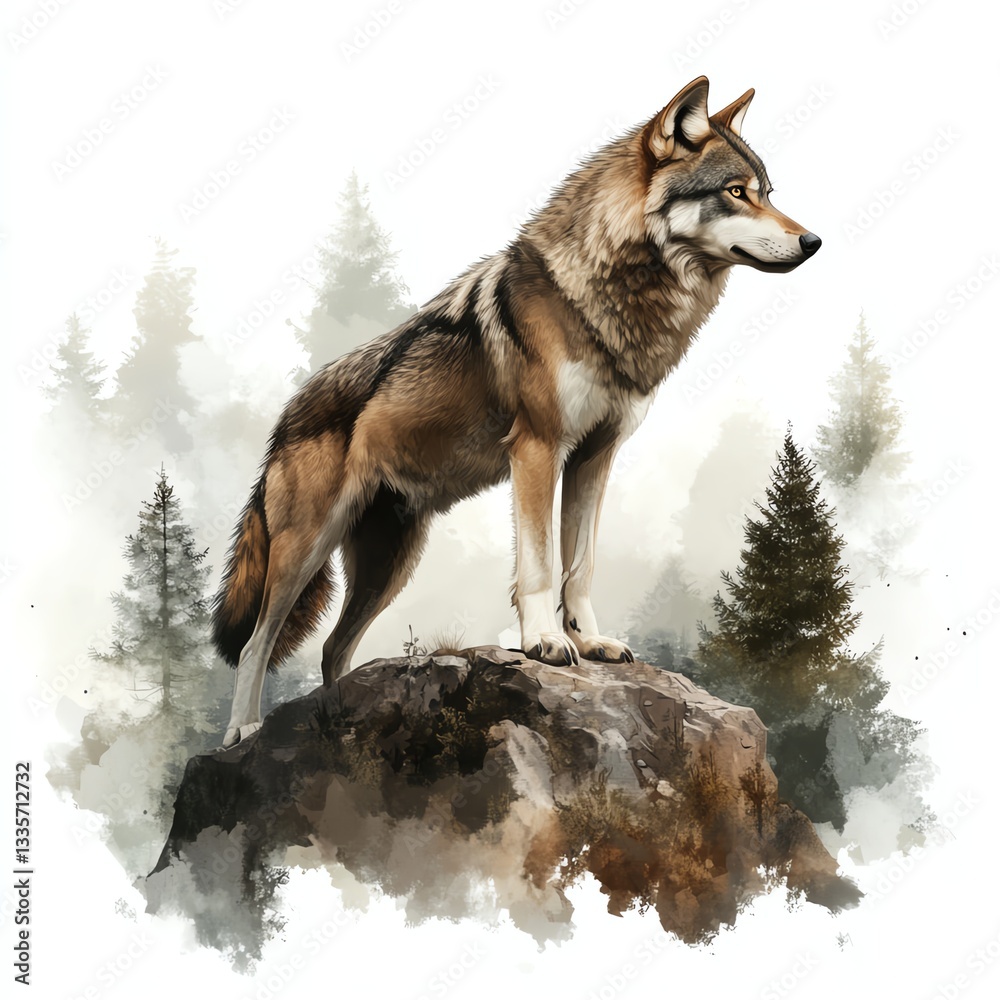 Obraz premium A majestic wolf standing proudly on a rock amidst a forest, symbolizing strength and wilderness.