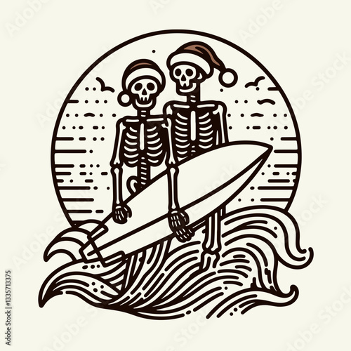 Skeleton couple wear Santa hats wave surfing a minimalist monochrome vector graphic
