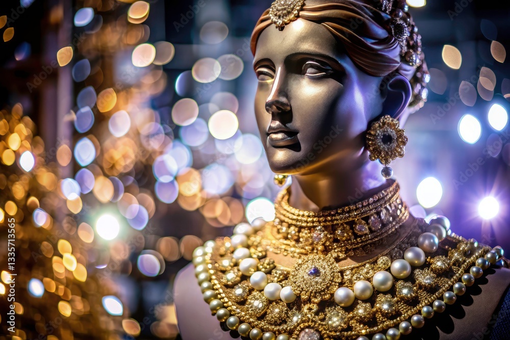 Fototapeta premium Golden Bust Elegant Jewelry Bokeh Background Candid Photo, Antique Sculpture, Luxury Jewelry Photography, Closeup Golden Ornament