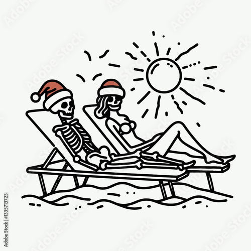 Skeleton couple wear santa hats sunbathing a minimalist vector outline drawing