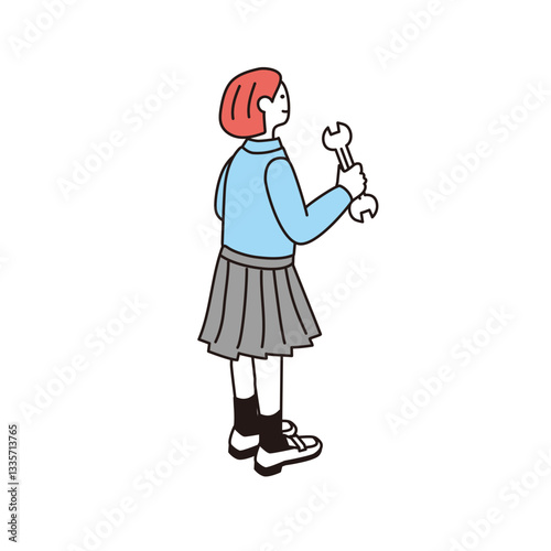 エンジニアを志望するアイソメトリック構図の女子高生のイラスト
