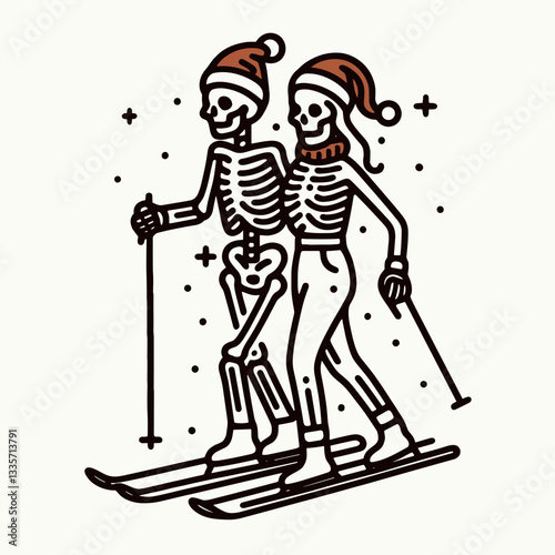 Skeleton couple wear santa hats ski on snow minimalist vector graphic a snowy winter romance