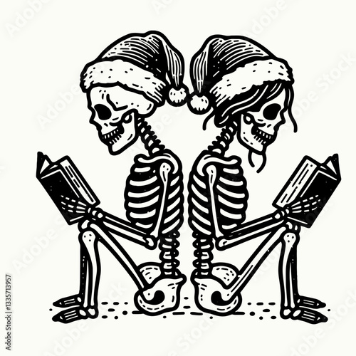 Skeleton couple wear santa hats sitting back to back reading a minimalist vector outline drawing