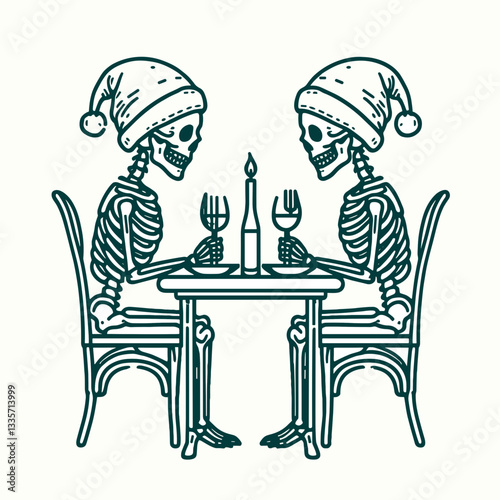 Skeleton couple wear santa hats sharing a romantic dinner a minimalist monochrome vector illustration depicts their spooky festive love.