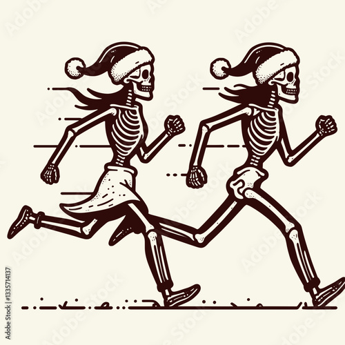 Skeleton couple wear santa hats running a minimalist vector graphic through snowy fields
