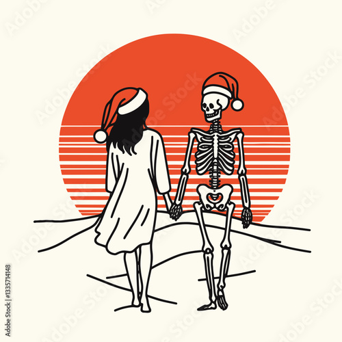 Skeleton couple wear santa hats romantic sunset stroll a minimalist vector outline drawing of love.