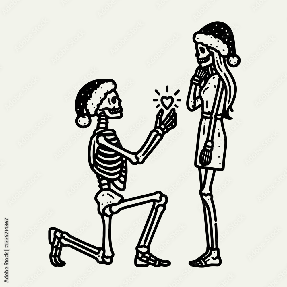 Fototapeta premium Skeleton couple wear santa hat proposal pose vector illustration a romantic winter scene