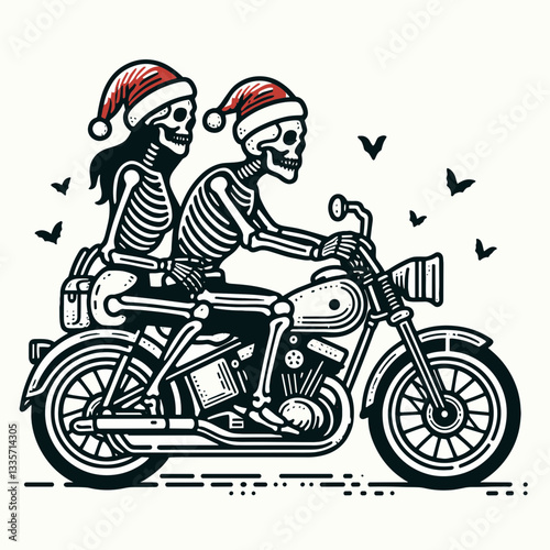 Skeleton couple wear Santa hats ride a classic motorcycle minimalist vector graphic, a spooky holiday adventure