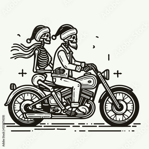 Skeleton couple wear Santa hats ride a classic motorcycle minimalist vector drawing speeding through a snowy night