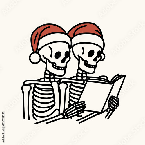 Skeleton couple wear Santa hats reading together a spooky Christmas tale minimalist vector illustration