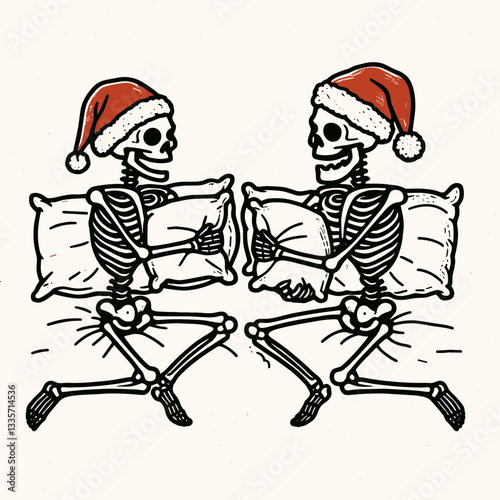 Skeleton couple wear santa hats playfully pillow fight a minimalist vector doodle illustration