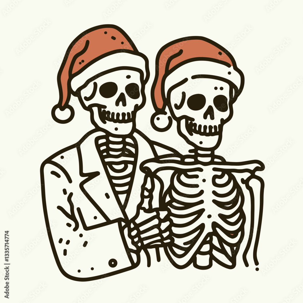 Fototapeta premium Skeleton couple wear Santa hats making a thumbs-up gesture in a simple monochrome vector graphic illustrate a jolly holiday spirit