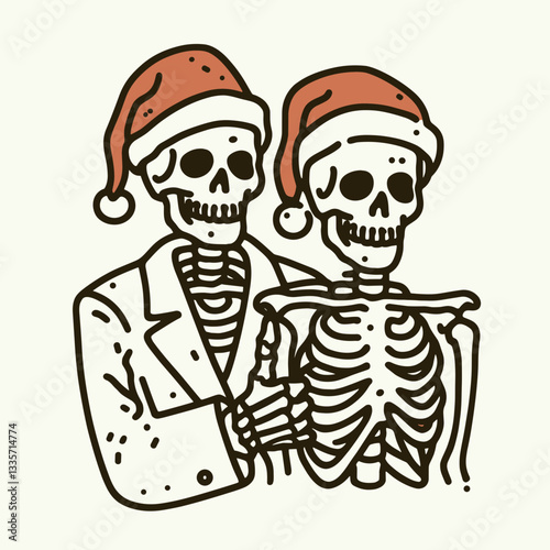 Skeleton couple wear Santa hats making a thumbs-up gesture in a simple monochrome vector graphic illustrate a jolly holiday spirit