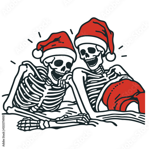 Skeleton couple wear santa hat lying down on stomach laughing together minimalist vector drawing shows a joyous holiday scene
