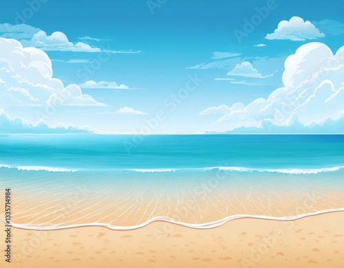 Sea beach landscape. Cartoon summer sunny day, ocean view the horizontal panorama, water sand, and clouds. Vector illustration of beach vacation background