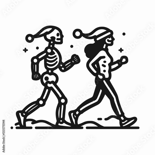 Skeleton couple wear santa hat jogging minimalist vector graphic across a snowy landscape