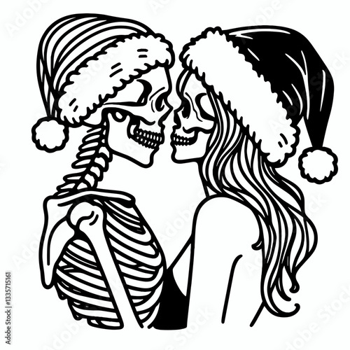 Skeleton couple wear santa hat intimate forehead kiss minimalist vector graphic shows love beyond the grave