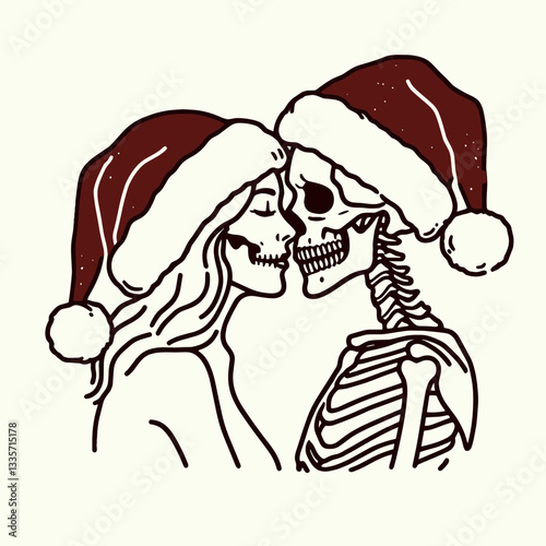 Skeleton couple wear santa hat intimate forehead kiss minimalist vector graphic shows tender love amidst winter's chill.