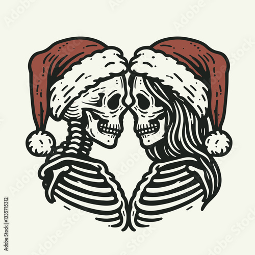 Skeleton couple wear santa hat holding each others faces a minimalist vector drawing for a spooky holiday card