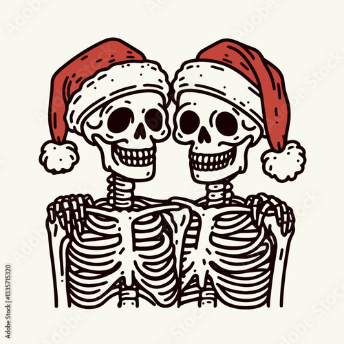 Skeleton couple wear santa hats holding each others faces minimalist vector graphic showing love in the afterlife