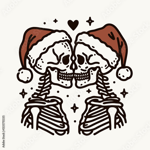 Skeleton couple wear santa hats holding each others faces for a kiss vector illustration a spooky romantic Christmas monochrome minimalist graphic.
