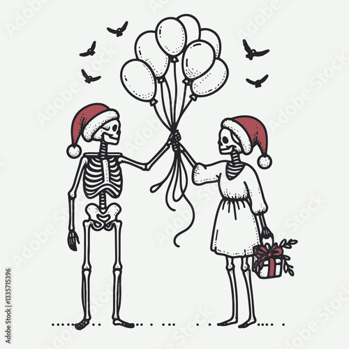 Skeleton couple wear Santa hats holding balloons a minimalist vector drawing depicts their festive ghostly love