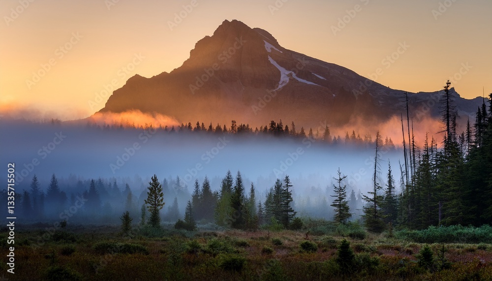 Obraz premium majestic mountain illuminated by sunrise amid mist and forest in tranquil wilderness