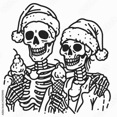 Skeleton couple wear santa hats eat ice cream  a minimalist vector drawing of a spooky sweet holiday scene