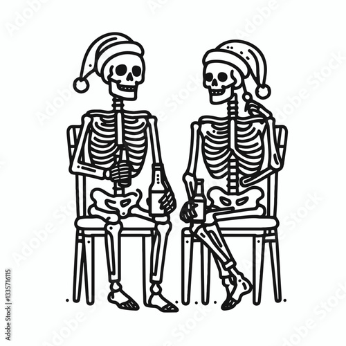 Skeleton couple wear santa hats drink beer vector illustration a festive spooky minimalist graphic