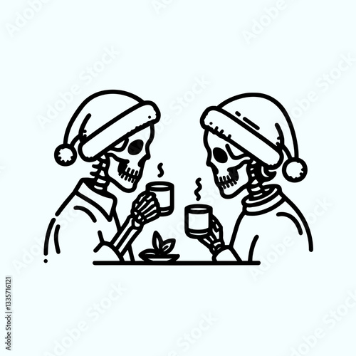 Wallpaper Mural Skeleton couple wear santa hats drinking coffee together a minimalist vector graphic shows their spooky holiday cheer Torontodigital.ca