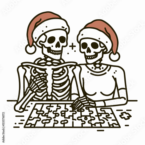 Skeleton couple wear santa hat doing a puzzle a minimalist vector graphic