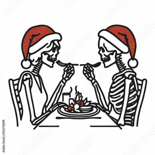 Skeleton couple wear santa hats dine feeding each other a minimalist vector drawing of spooky holiday romance