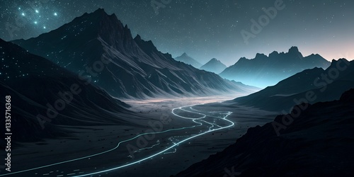 A deep, dark abstract landscape with jagged black mountains, illuminated by faint glowing light trails.