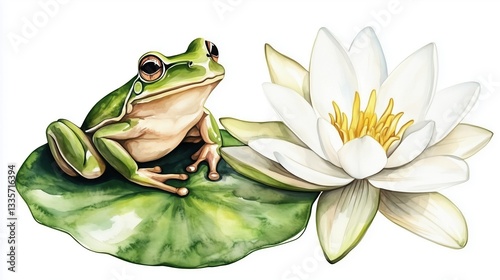 Watercolor illustration of a green frog sitting on a lily pad with a white water lily flower. Charming clip art sticker design with a detailed frog and floral element on a white background, ideal for  photo