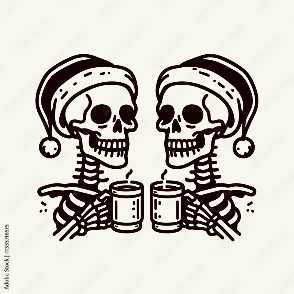 custom made wallpaper toronto digitalSkeleton couple wear santa hats clinking glasses with hot chocolate a minimalist vector drawing of a festive winter scene.