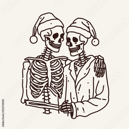 Wallpaper Mural Skeleton couple wear Santa hats close holding hands minimalist vector graphic a spooky holiday romance Torontodigital.ca