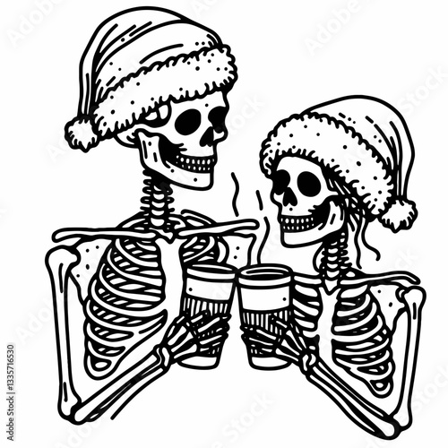 Skeleton couple wear Santa hats clinking glasses with hot chocolate a minimalist vector drawing of a spooky festive scene.