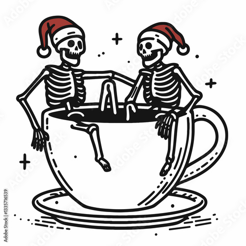 Skeleton couple wear santa hat climbing out of giant coffee mug a minimalist vector graphic depicting a festive winter scene