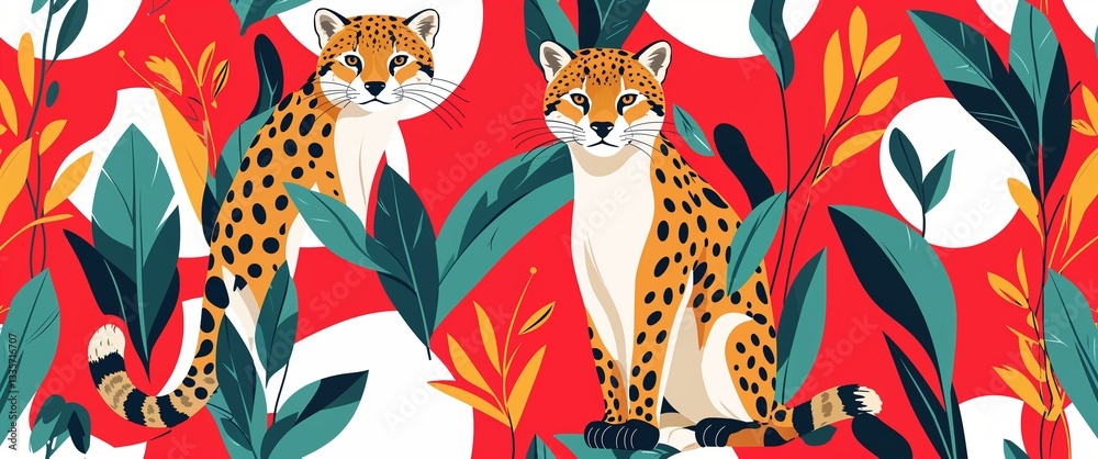 ocelot pattern on red plain background digital abstract art work illustration design
