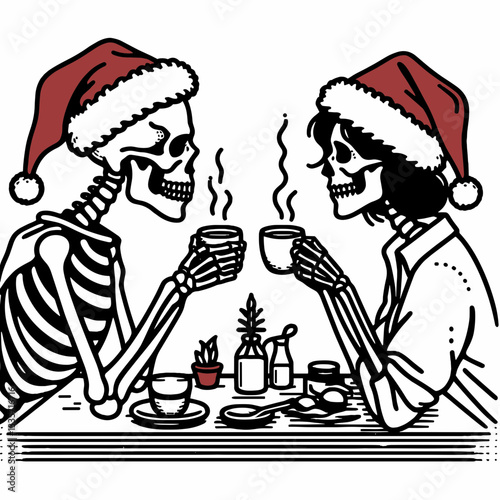 Wallpaper Mural Skeleton couple wear Santa hats casual coffee date in cafe minimalist doodle  enjoying hot cocoa Torontodigital.ca