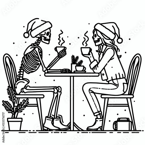 Wallpaper Mural Skeleton couple wear santa hat Casual Coffee Date in cafe minimalist doodle enjoying hot cocoa and pastries Torontodigital.ca