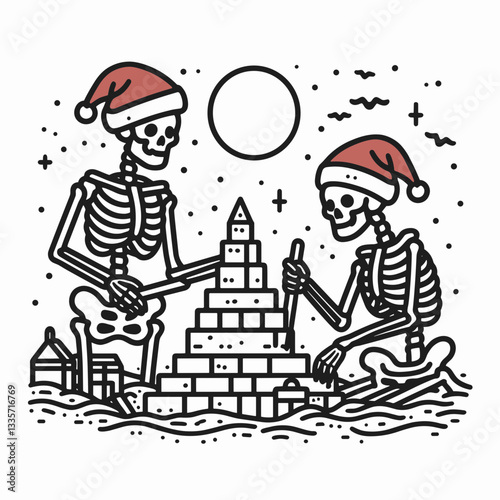 Wallpaper Mural Skeleton couple wear santa hats building a simple monochrome sandcastle on a winter beach Torontodigital.ca